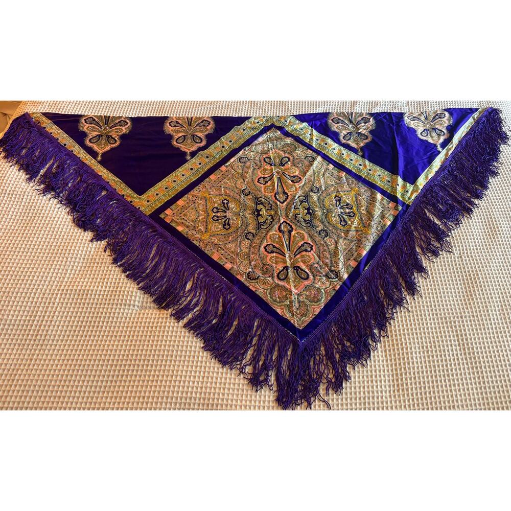 Vintage Purple Paisley Fringe Scarf Shawl 55" Boho Retro Floral - Picture 3 of 11